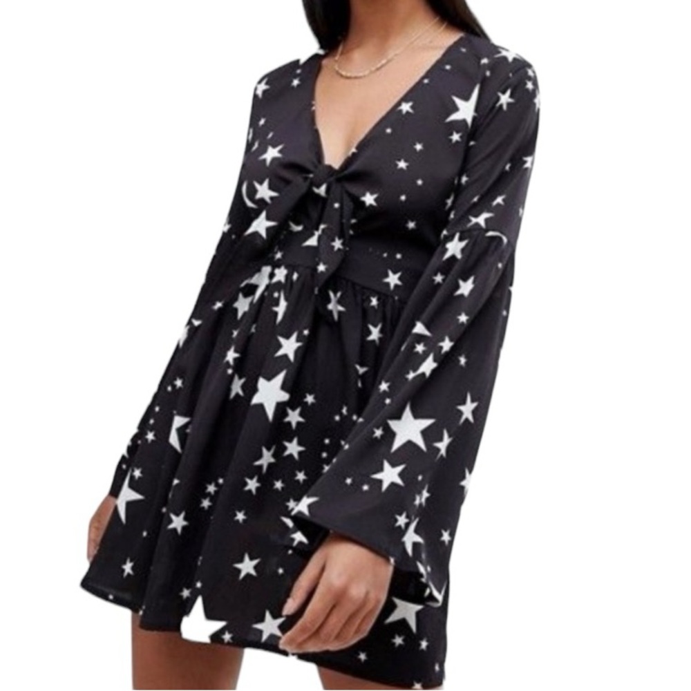 Boohoo Black Star Print Bell Sleeve mini dress